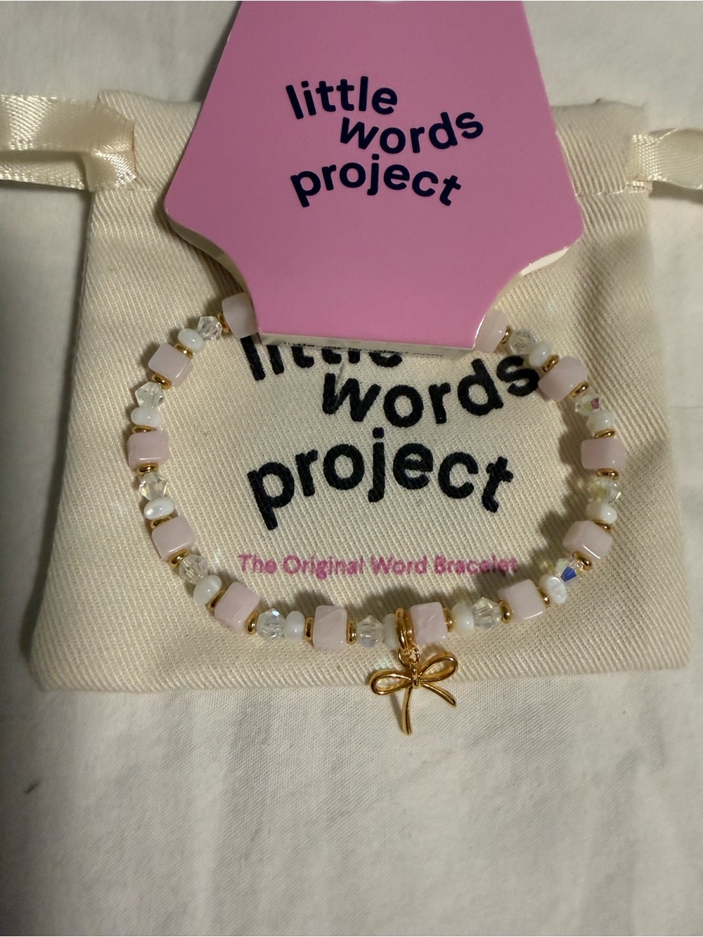 Little Words Project Pink Beaded Bracelet with Gold Bow Charm! NWT